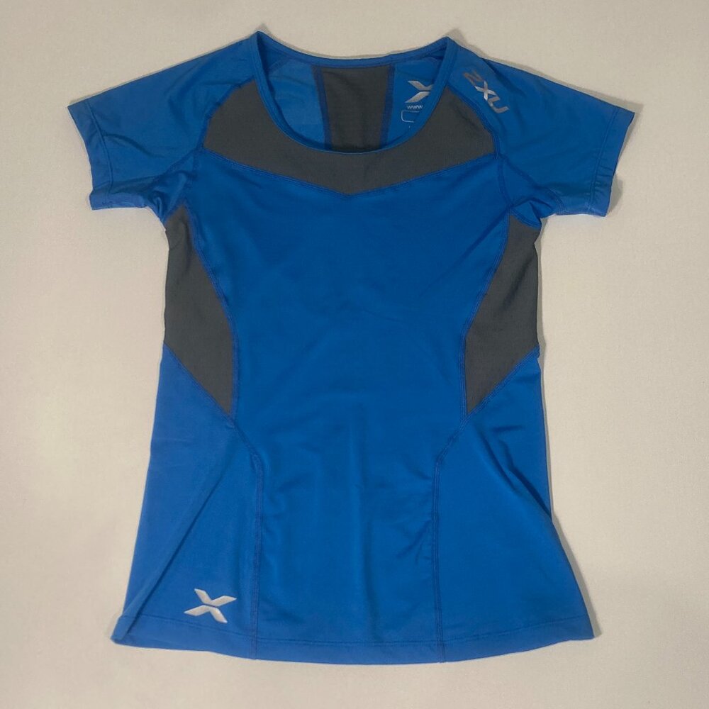 Medium Women's 2XU Compression T-shirt - Blue and Grey